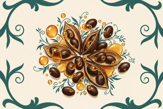Bakuchi seed pods and amber oil droplets on cream background — AUVELLO Journal
